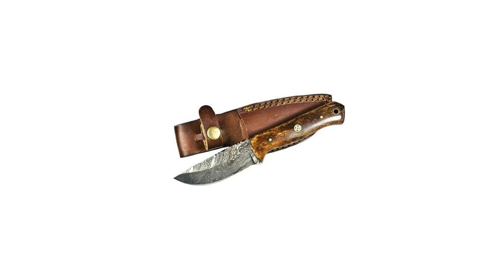 Titan International Knives Damascus Knife Hunting Style Fixed Blade Knife w/ Leather Sheath, 8 inch, TDK-238