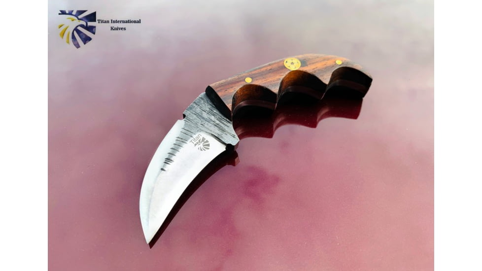 Titan International Knives Fixed Blade Knife, 2.5in, Carbon Steel, Karambit, Black Walnut, TCK-53