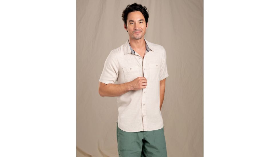 Toad&amp;Co Taj Hemp Short Sleeve Shirt Slim - Mens, Oatmeal Chambray, Extra Large, T2002905-223-XL