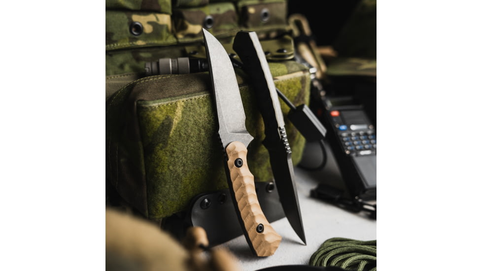 Toor Knives Brauler Fixed Blade Knife, 3.875in, CPM Cru-Wear, Drop Point, G10 Handle, Omaha Tan, Grey Kydex, Brauler - Omaha Tan