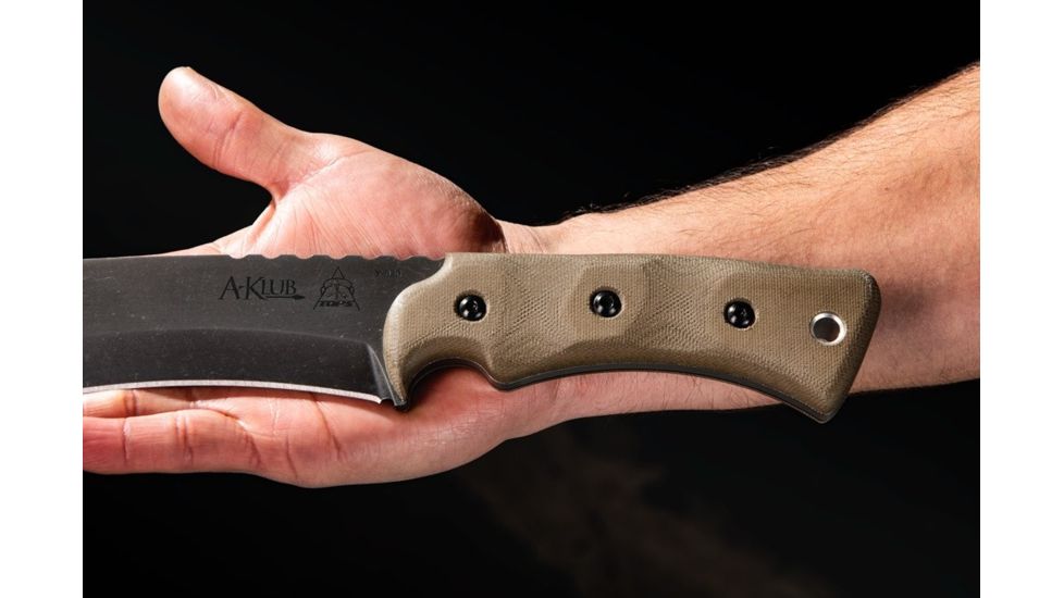 TOPS Knives A-Klub Fixed Blade Knife, 12.38in, 1095 RC 56-58 Steel, Green Canvas Micarta Handle, AKLB-02