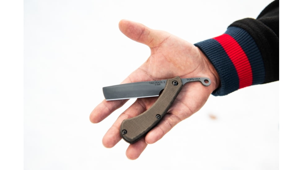 TOPS Knives Tac-Raze 2 Folding Knife by Leo Espinoza, 3.13 in Blade, Green Canvas Micarta Handle, TRAZ-05