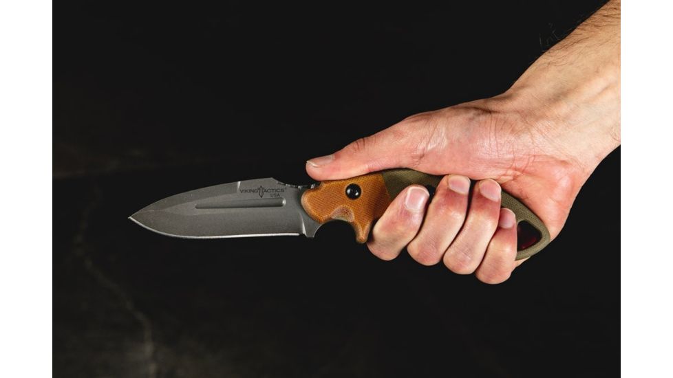 TOPS Knives VTAC Crusader Fixed Knife, 3.63in, 1095 RC 56-58 Steel, Drop Point Blade, Tan/Green Canvas Micarta Handle VTAC-02