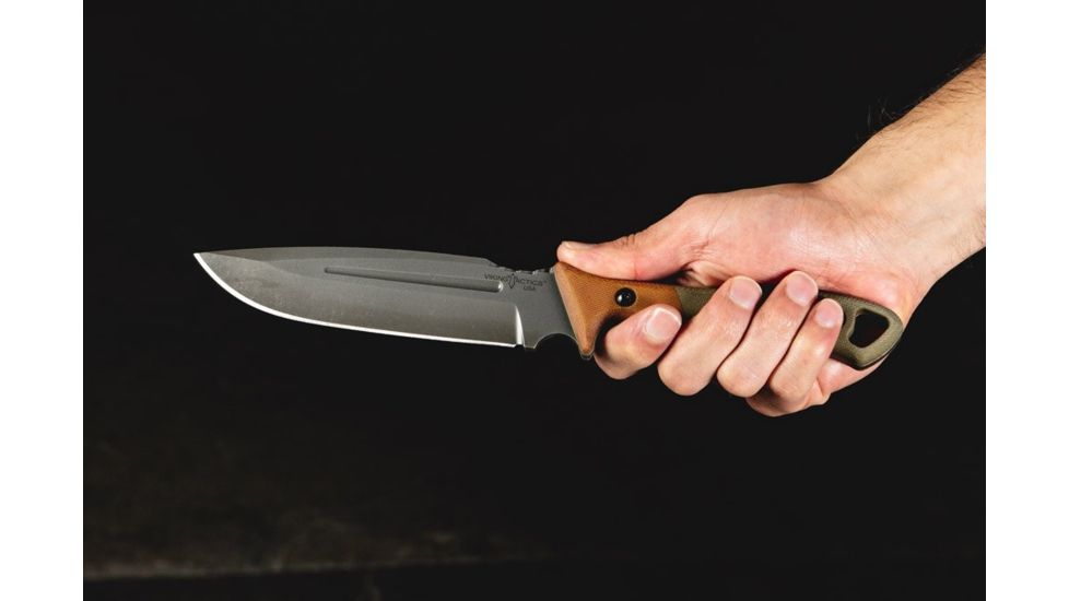TOPS Knives VTAC Norseman Fixed Knife, 5.50in, 1095 RC 56-58 Steel, Harpoon Blade, Tan/Green Canvas Micarta Handle VTAC-01