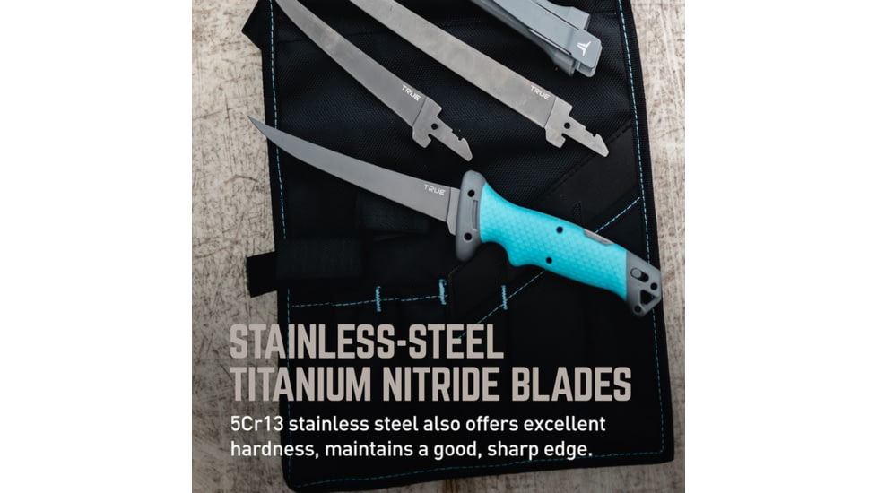 TRUE Fishing Fixed Blade Knives Kit, 6/7.5/9.5in, 5Cr13 Steel, Fillet, TPR Handle, Titanium Nitride, TRU-FXK-1000