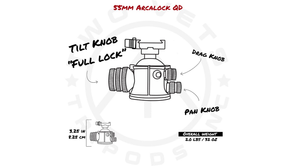 Two Vets Tripods Inc 55mm Dual Tension Ballhead W/ Area 419 Arcalock QD