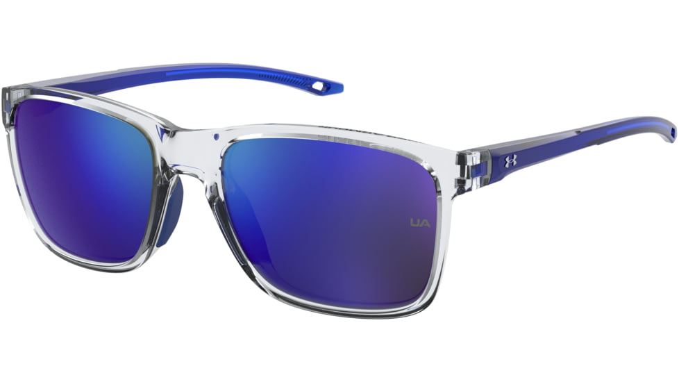 Under Armour Hustle JR Sunglasses with Cystral Clear Frame and Transparent Blue Temple Tips with Blue Mirror Lens, Medium, UA7002S QM4-Z0