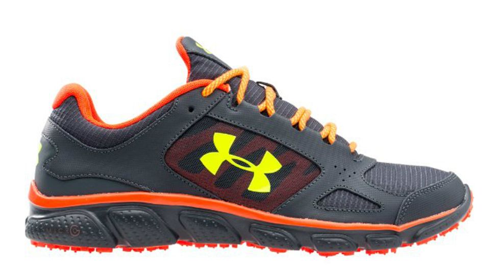 Under Armour Micro G Assert V Grit Trail Running Shoe - Mens-Grey/Orange/Yellow-Medium-10 US