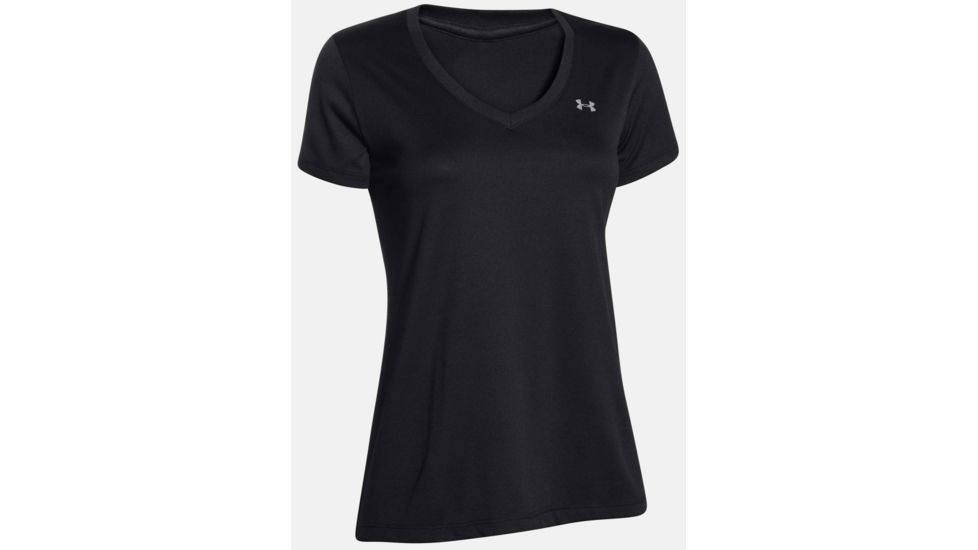 Under Armour Tech Short Sleeve V-Neck - Solid - Women's-Black/Metallic Silver-Small