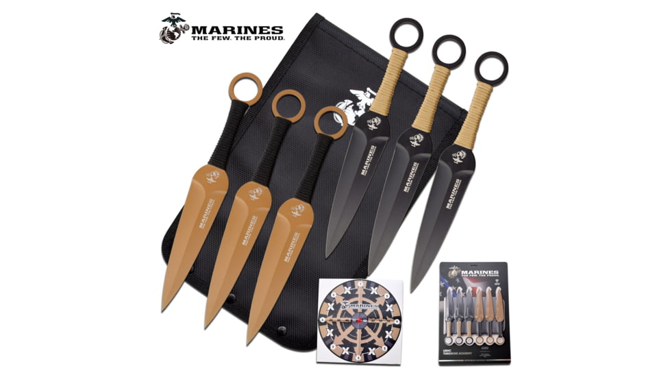 USMC 6 Throwing Knife Set, 5.5 in, 3Cr13 Stainless Steel Stainless Steel, Black/Brown, M-T001-6CS