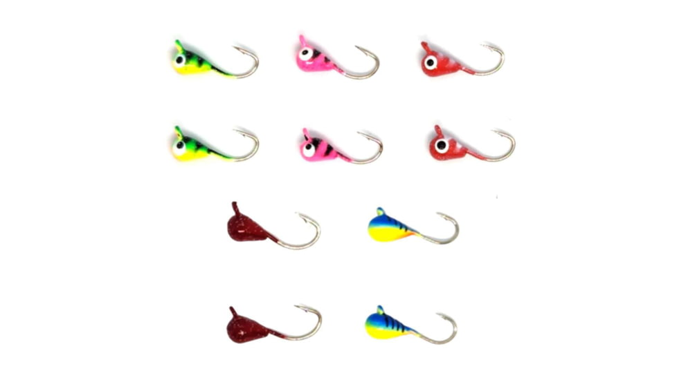 Vexan 10-Pack Tungsten Ice Fishing Jigs, Green/Pink/Red/Yellow/Blue Glow &amp; Multi-Colored, 1.4g, 5mm, GLOWMC8HK