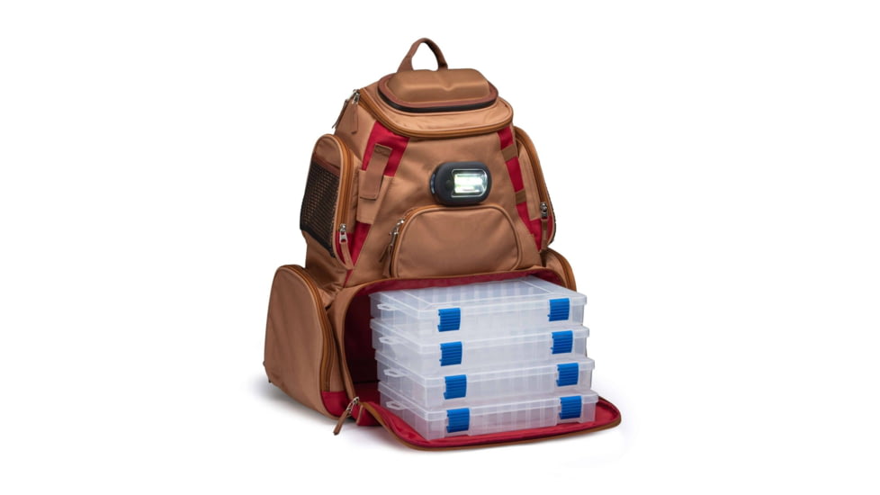 Vexan Backpack Tackle Box w/LED Light, Tan/Burgundy, Large, VI-BP-TR