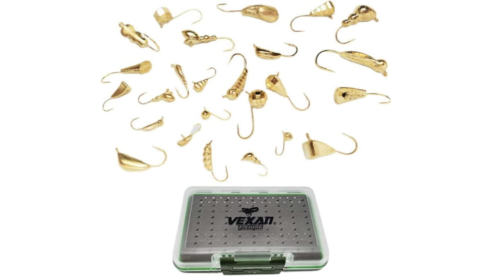 Vexan Ice Fishing Jigs w/ Free Jig Tackle Box, Tungsten Gold, 25-Pack, 6S-1A6D-M2TY