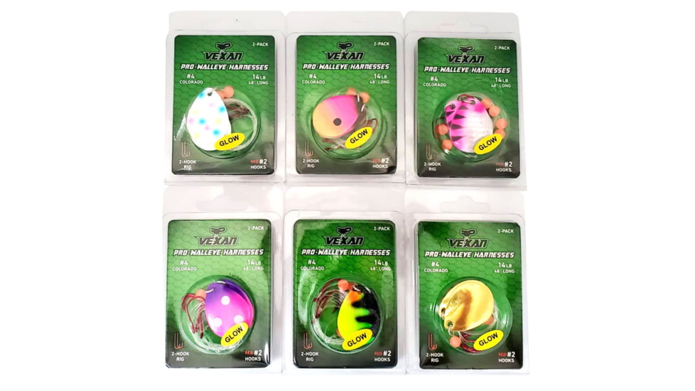 Vexan Six 2-Packs Glow Walleye Crawler Harnesses, Kit 1, White Wonderbread/Pink/Orange/Purple/Green/Black/G, 48, Var 2PK WH-1-2-3-4 Harn