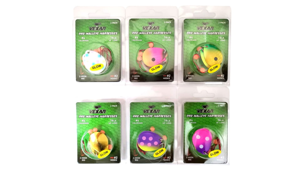 Vexan Six 2-Packs Glow Walleye Crawler Harnesses, Kit 3, White Wonderbread/Pink/Orange/Green/Gold/Purple, 48, Variety #7 WH