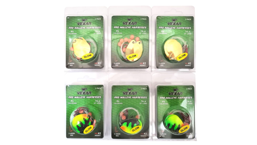 Vexan Two-fer Six 2-Packs Glow Walleye Crawler Harnesses, Gold/Perch, 48 in, Two-fer #1 WH