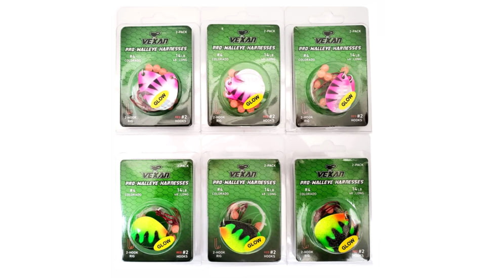 Vexan Two-fer Six 2-Packs Glow Walleye Crawler Harnesses, Holo Purple/Perch, 48 in, Two-fer #2 WH