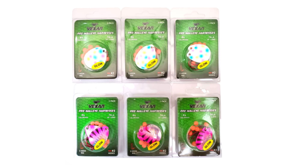Vexan Two-fer Six 2-Packs Glow Walleye Crawler Harnesses, Holo Purple/Wonderbread, 48 in, Two-fer #8 WH