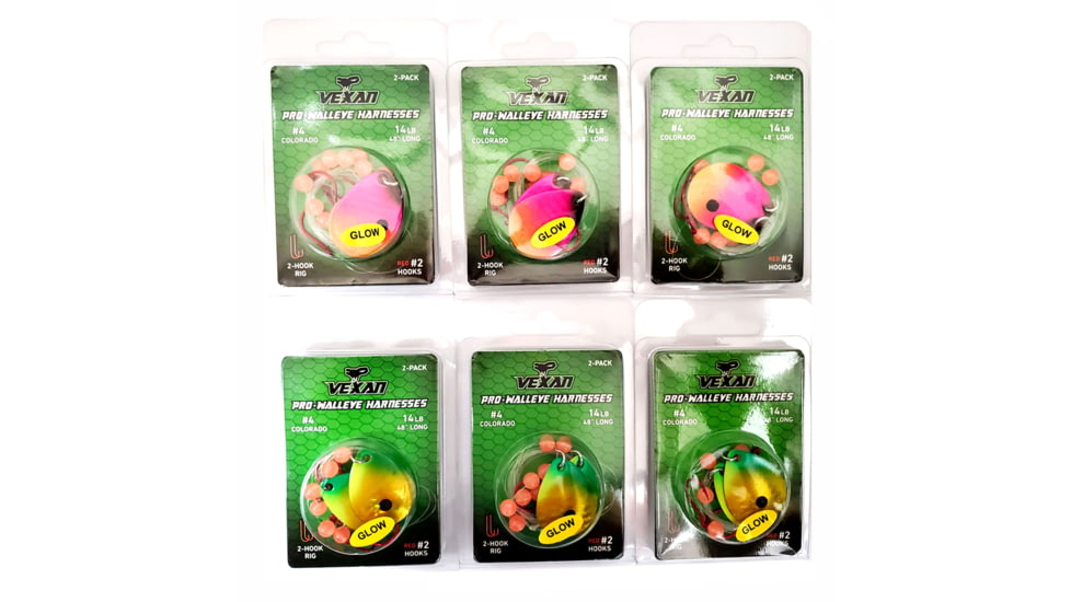 Vexan Two-fer Six 2-Packs Glow Walleye Crawler Harnesses, Pink/Orange/Gold/Green, 48 in, Two-fer #4 WH