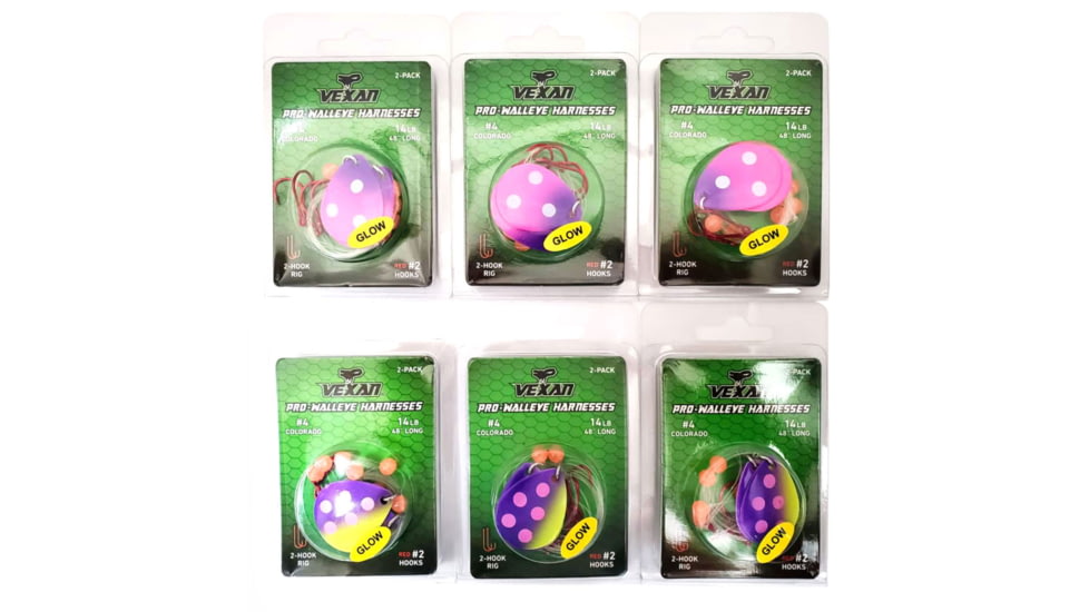 Vexan Two-fer Six 2-Packs Glow Walleye Crawler Harnesses, Purple Haze/Slug Bug, 48 in, Two-fer #3 WH