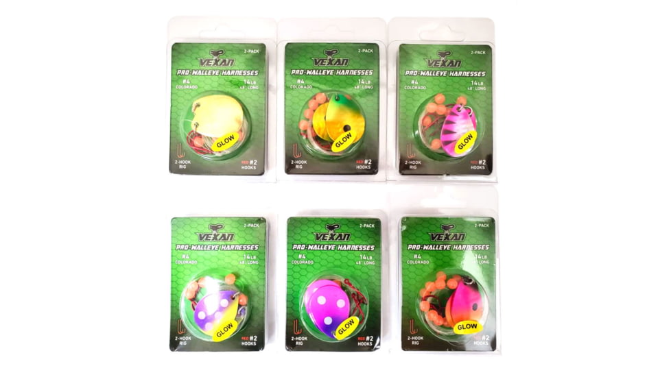 Vexan Variety #6, Six 2-Packs Glow Walleye Crawler Harnesses, Gold/Green/Purple/Black/Yellow/Orange/Pink, 48 in, Variety #6 WH
