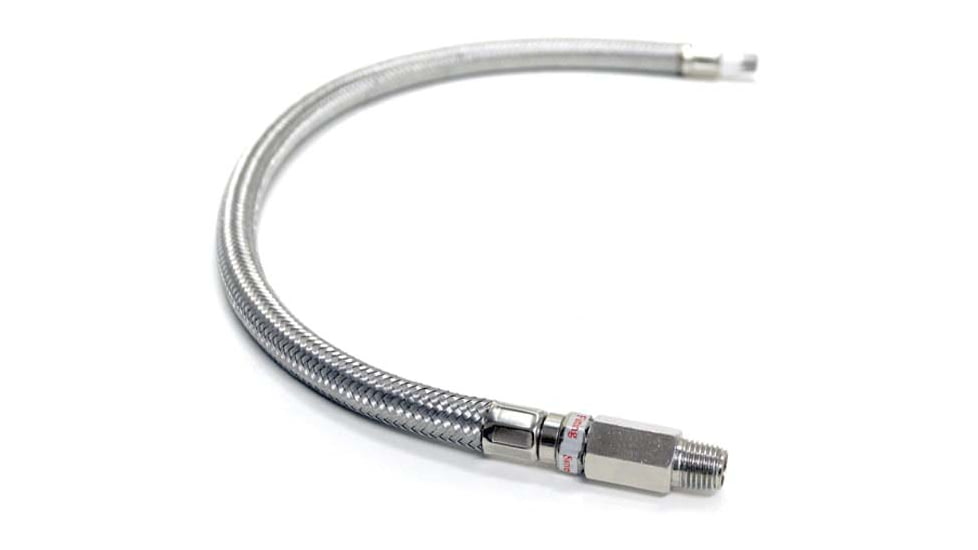VIAIR 20in S.S. Braided Leader Hose w/ Check Valve, 1/8inM to 1/4inM, NPT, Swivel, 92807
