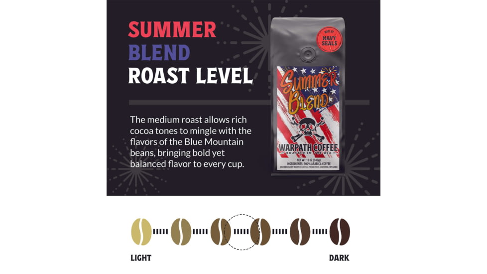 Warpath Coffee Summer Blend Whole Bean Coffee, Blue Mountain Blend, Medium Roast, Black, 12 Ounce, 109, 109