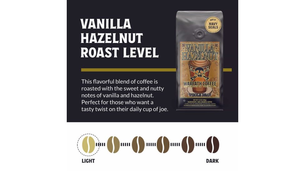 Warpath Coffee Vanilla Hazelnut Whole Bean Coffee, Light Roast, Black, 12 ounce, 113, 113