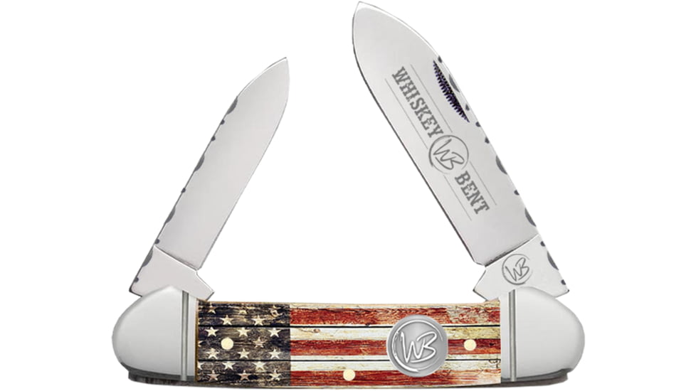 Whiskey Bent Knives Canoe Filework Folding Knife, Clip Point &amp; Spey Blades, 440 Steel Blade, 4.125in Closed Length, Acrylic Handle, Patriot, WB17F-18