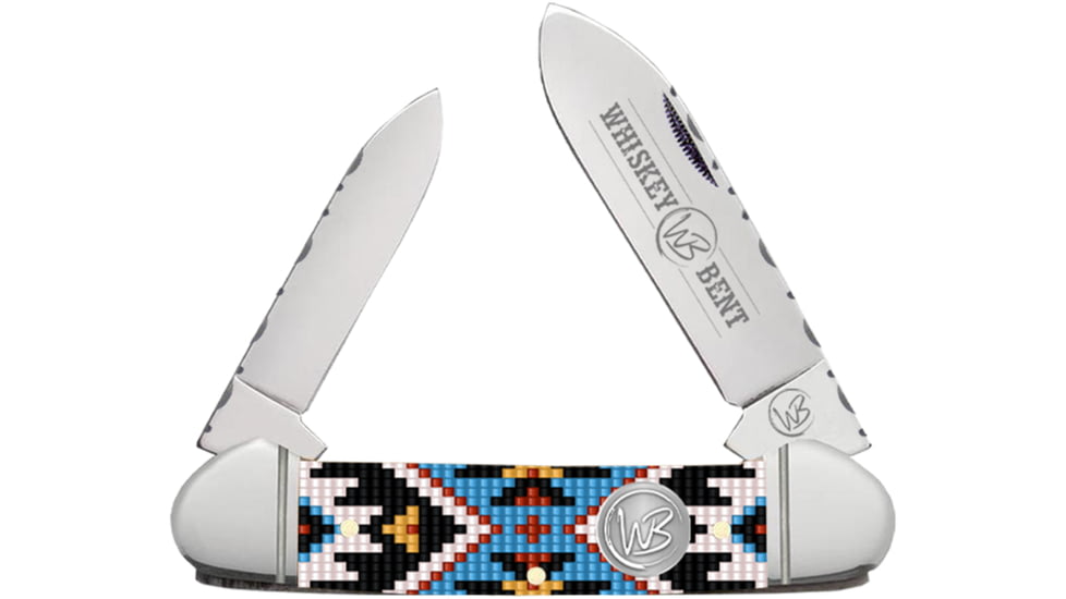 Whiskey Bent Knives Canoe Filework Folding Knife, Clip Point &amp; Spey Blades, 440 Steel Blade, 4.125in Closed Length, Acrylic Handle, Sky Bead, WB17F-06