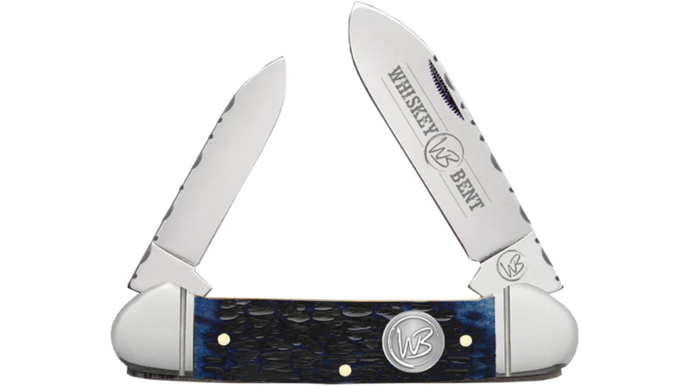 Whiskey Bent Knives Canoe Filework Folding Knife, Clip Point &amp; Spey Blades, 440 Steel Blade, 4.125in Closed Length, Natural Bone Handle, Blueberry, WB17F-32