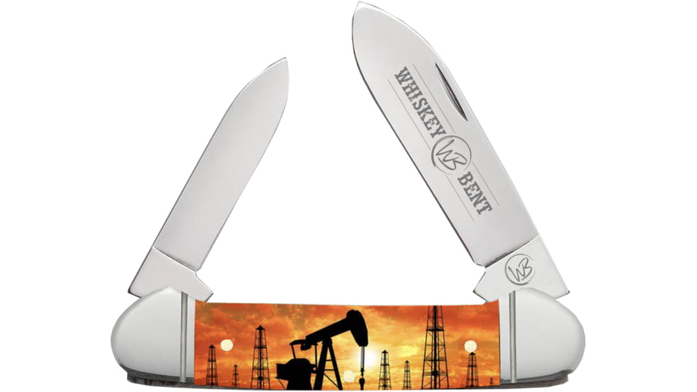 Whiskey Bent Knives Canoe Folding Knife, Spear &amp; Pen Blades, 440 Steel Blade, 3.63in Closed Length, Acrylic Handle, Pump Jack Sunset, WB12-02
