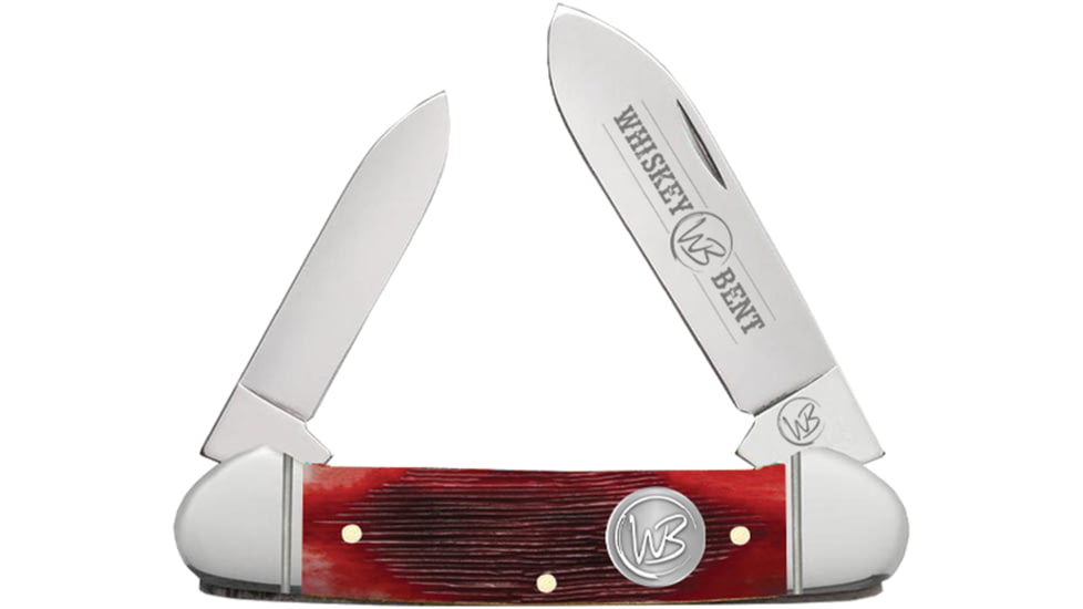 Whiskey Bent Knives Canoe Folding Knife, Spear &amp; Pen Blades, 440 Steel Blade, 3.63in Closed Length, Natural Bone Handle, Black Cherry, WB12-39