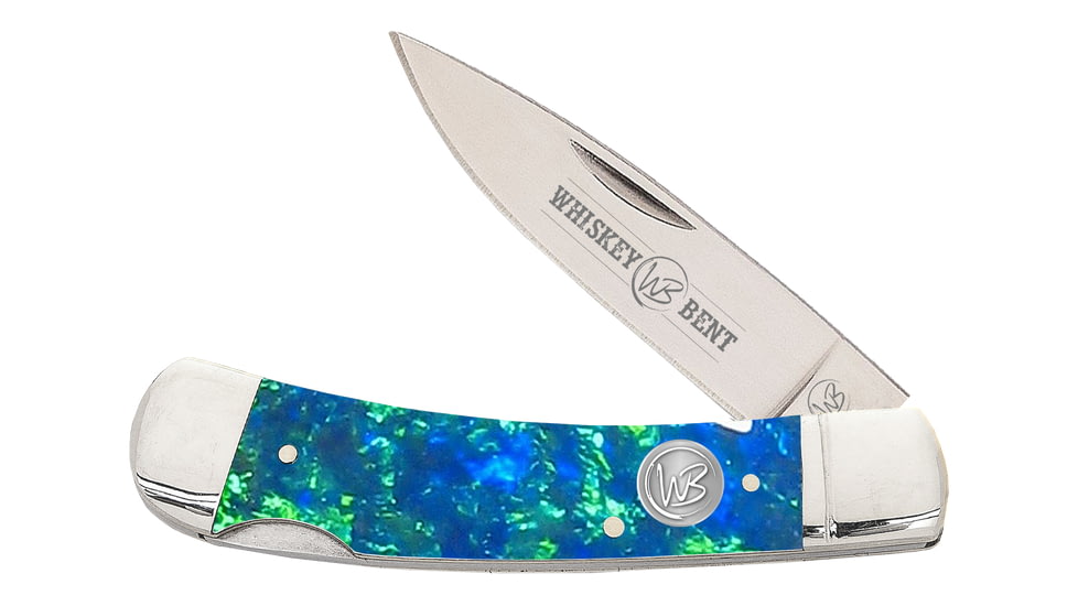 Whiskey Bent Knives Lock Blade Folding Knife, Single Clip Point, 440 Steel Blade, 3.75in Closed Length, Acrylic Handle, Blue Green Opal, WB13-01