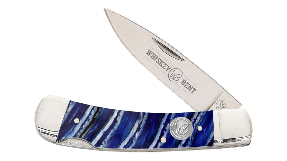 Whiskey Bent Knives Lock Blade Folding Knife, Single Clip Point, 440 Steel Blade, 3.75in Closed Length, Acrylic Handle, Blue Mammoth, WB13-03