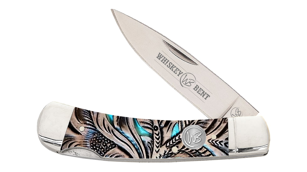 Whiskey Bent Knives Lock Blade Folding Knife, Single Clip Point, 440 Steel Blade, 3.75in Closed Length, Acrylic Handle, Floral Turquoise, WB13-05
