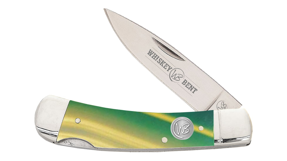 Whiskey Bent Knives Lock Blade Folding Knife, Single Clip Point, 440 Steel Blade, 3.75in Closed Length, Acrylic Handle, Green Gold Opal, WB13-02
