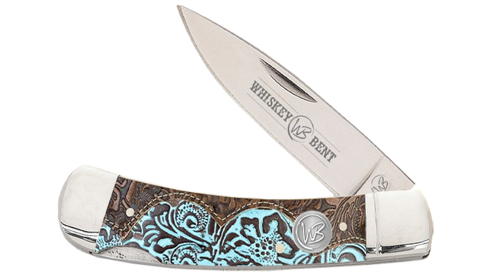 Whiskey Bent Knives Lock Blade Folding Knife, Single Clip Point, 440 Steel Blade, 3.75in Closed Length, Acrylic Handle, Tooled Country, WB13-38