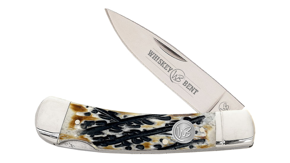 Whiskey Bent Knives Lock Blade Folding Knife, Single Clip Point, 440 Steel Blade, 3.75in Closed Length, Natural Bone Handle, Carved Burnt Bone, WB23-04
