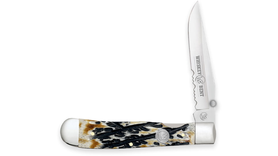 Whiskey Bent Knives Locking Trapper Folding Knife, Single Clip Blade, 440 Steel Blade, 4.125in Closed Length, Natural Bone Handle, Carved Burnt Bone, WB16-16