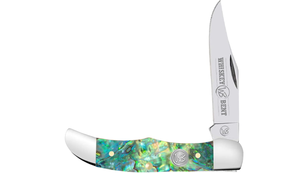 Whiskey Bent Knives Mini Hunter Folding Knife, Single Clip, 440 Steel Blade, 2.75in Closed Length, Acrylic Handle, Green Abalone, WB14-03