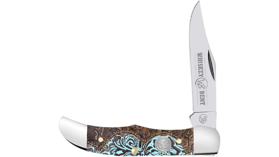 Whiskey Bent Knives Mini Hunter Folding Knife, Single Clip, 440 Steel Blade, 2.75in Closed Length, Acrylic Handle, Tooled Country, WB14-38