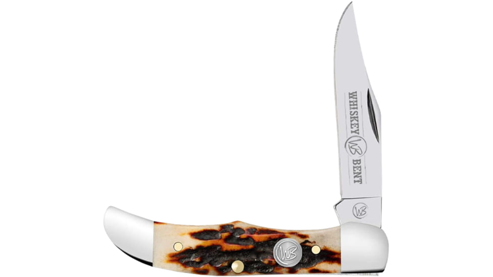 Whiskey Bent Knives Mini Hunter Folding Knife, Single Clip, 440 Steel Blade, 2.75in Closed Length, Natural Bone Handle, Stag Bone, WB24-02