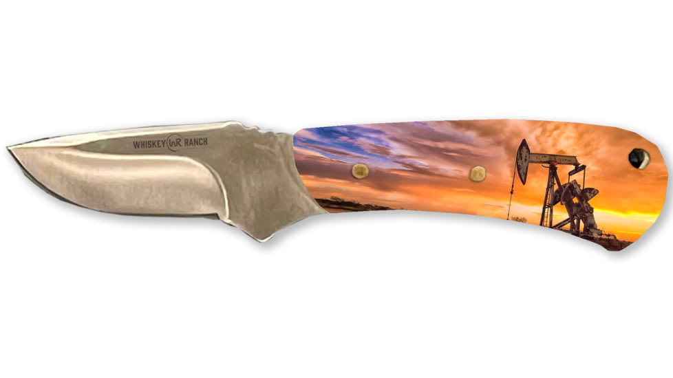 Whiskey Bent Knives Mini Skinner Fixed Knife, 440 Steel Blade, 6.87in Overall Length, Acrylic Handle, Pump Jack Sunrise, WB44-12