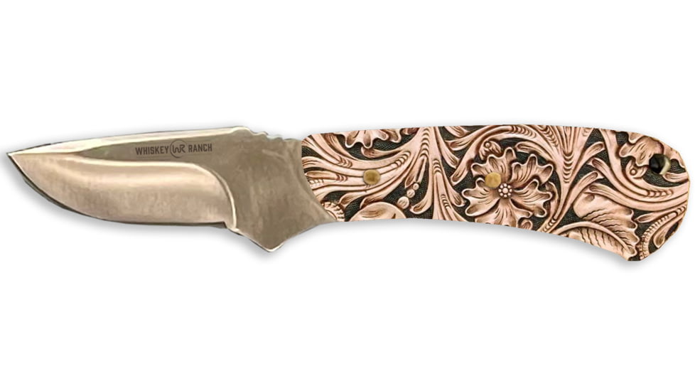 Whiskey Bent Knives Mini Skinner Fixed Knife, 440 Steel Blade, 6.87in Overall Length, Acrylic Handle, Tooled Leather, WB44-06