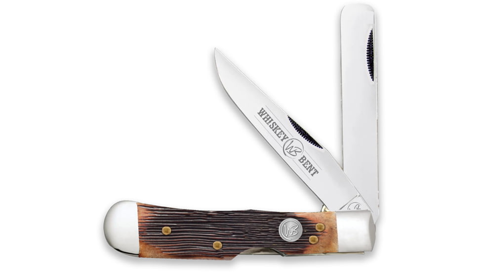 Whiskey Bent Knives Trapper Bullcutter Folding Knife, Clip Point &amp; Locking Bullcutter Blades, 440 Steel Blades, 4.125in Closed Length, Natural Bone Handle, Sawmill, WB45-24