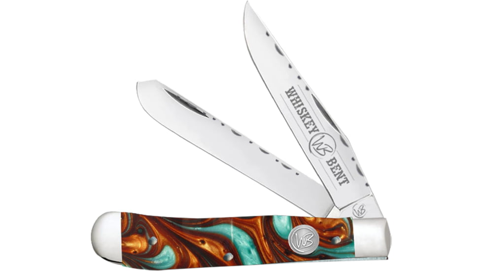 Whiskey Bent Knives Trapper Filework Folding Knife, Clip Point &amp; Spey Blades, 440 Steel Blade, 4.125in Closed Length, Acrylic Handle, Copper Canyon, WB15F-40