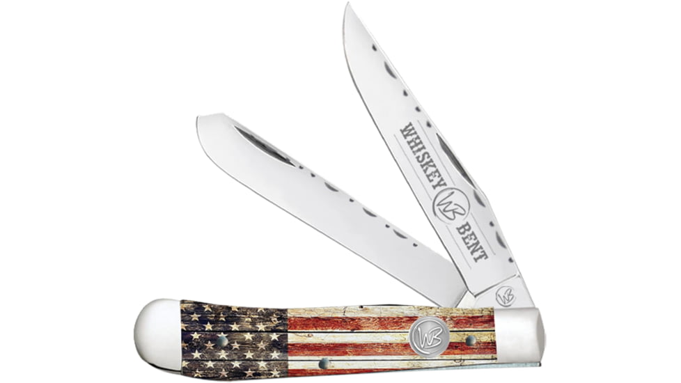 Whiskey Bent Knives Trapper Filework Folding Knife, Clip Point &amp; Spey Blades, 440 Steel Blade, 4.125in Closed Length, Acrylic Handle, Patriot, WB15F-18