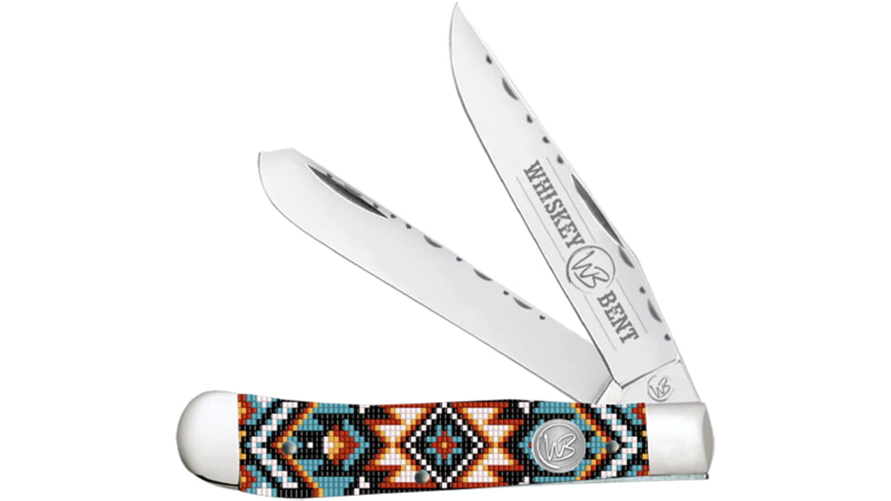 Whiskey Bent Knives Trapper Filework Folding Knife, Clip Point &amp; Spey Blades, 440 Steel Blade, 4.125in Closed Length, Acrylic Handle, Southwest Sand, WB15F-19