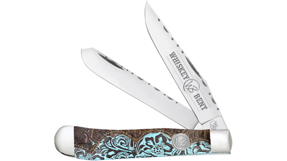 Whiskey Bent Knives Trapper Filework Folding Knife, Clip Point &amp; Spey Blades, 440 Steel Blade, 4.125in Closed Length, Acrylic Handle, Tooled Country, WB15F-38